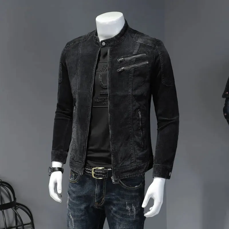 2023 Corduroy Denim Jacket Men's Standing Collar Long Sleeve Slim Fit Fashion Versatile Street Clothing Black Top Coat