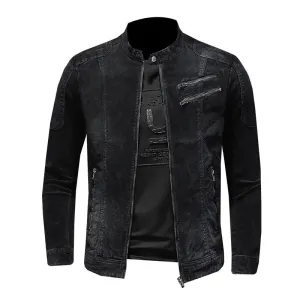 2023 Corduroy Denim Jacket Men's Standing Collar Long Sleeve Slim Fit Fashion Versatile Street Clothing Black Top Coat