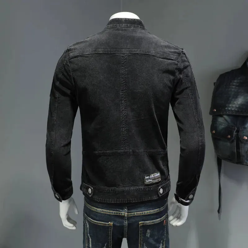 2023 Corduroy Denim Jacket Men's Standing Collar Long Sleeve Slim Fit Fashion Versatile Street Clothing Black Top Coat