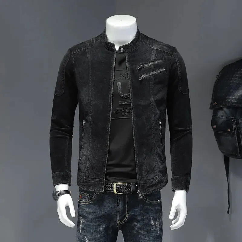 2023 Corduroy Denim Jacket Men's Standing Collar Long Sleeve Slim Fit Fashion Versatile Street Clothing Black Top Coat