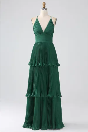 A Line Dark Green Tiered Chiffon Maxi Dress with Pleated