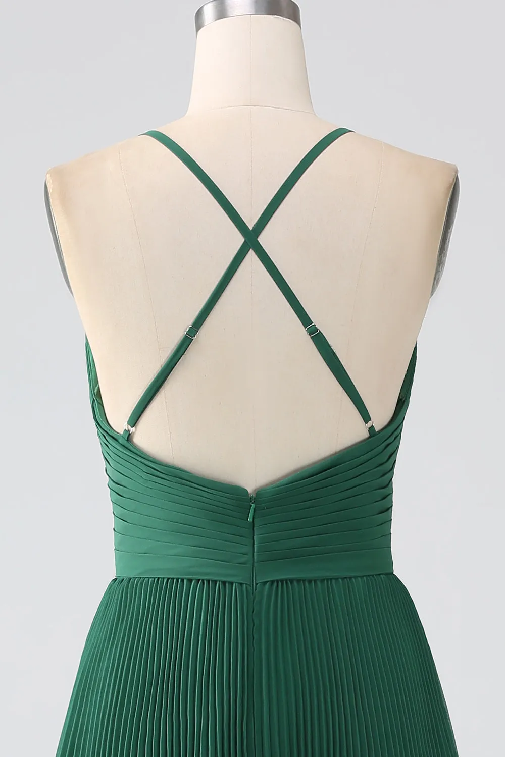 A Line Dark Green Tiered Chiffon Maxi Dress with Pleated