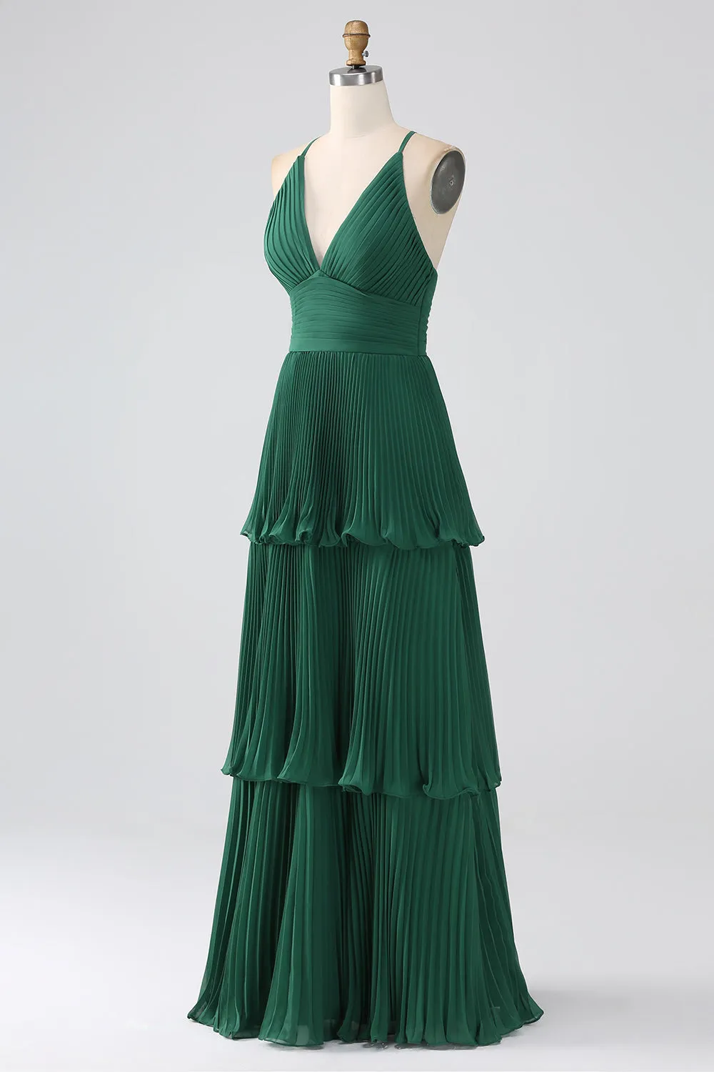 A Line Dark Green Tiered Chiffon Maxi Dress with Pleated