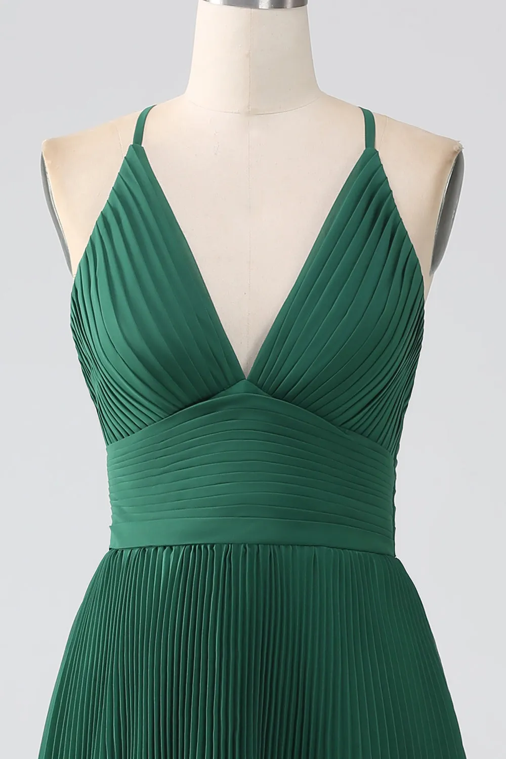 A Line Dark Green Tiered Chiffon Maxi Dress with Pleated