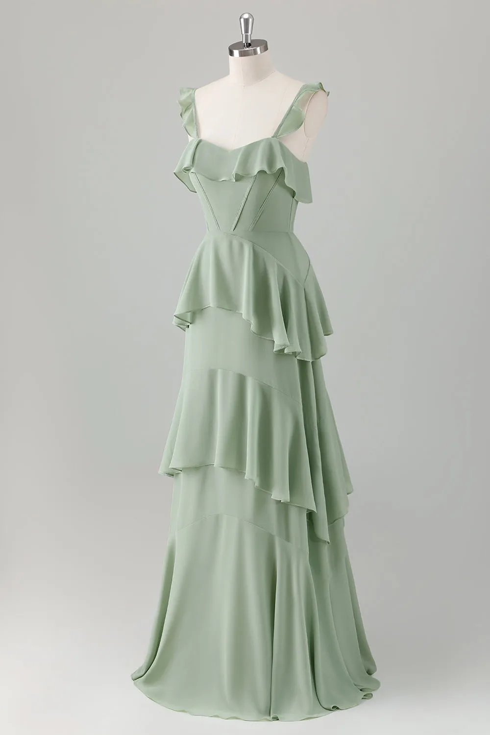 A Line Light Green Corset Tiered Ruffles Chiffon Maxi Dress