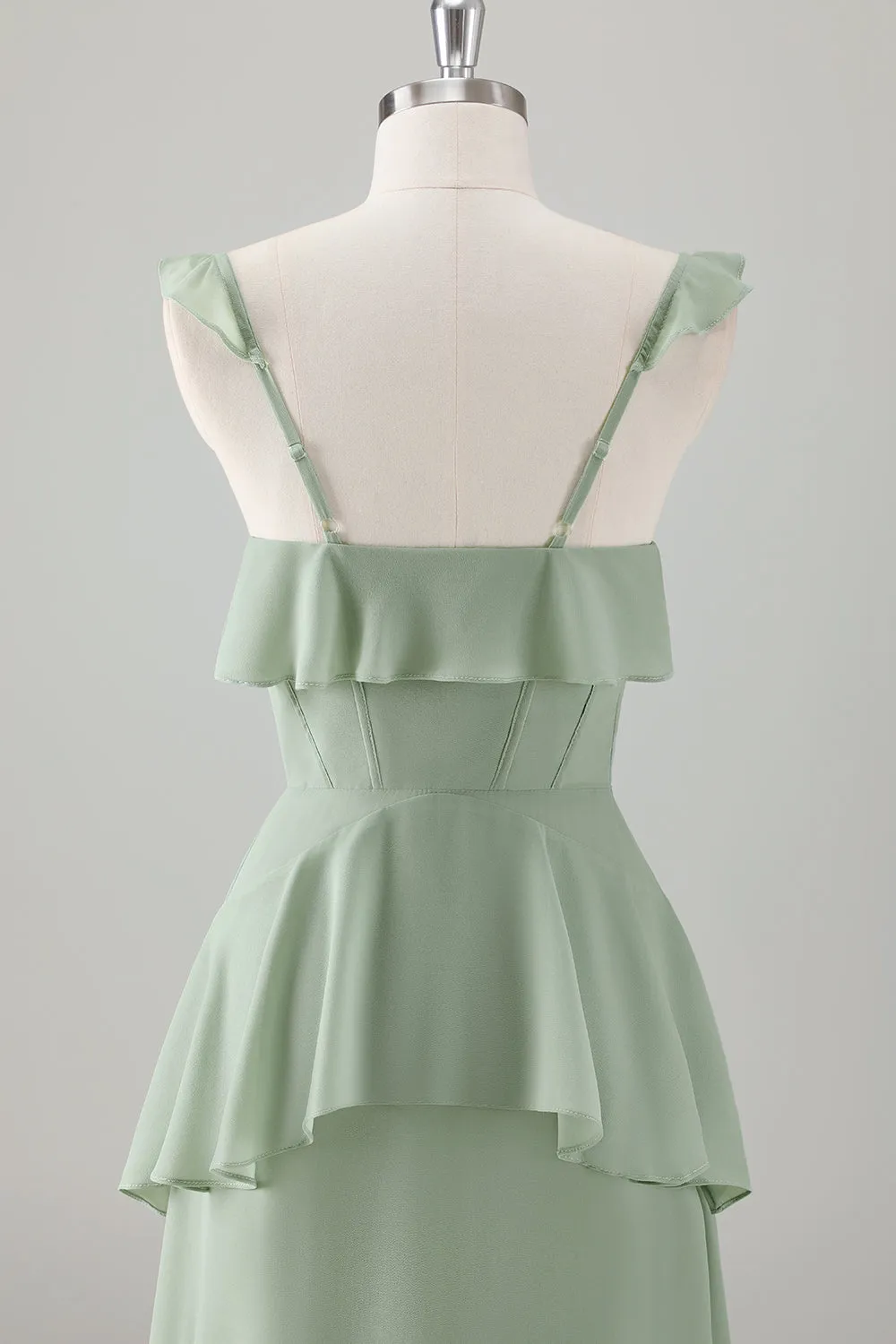 A Line Light Green Corset Tiered Ruffles Chiffon Maxi Dress