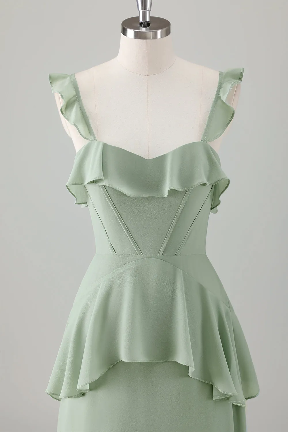 A Line Light Green Corset Tiered Ruffles Chiffon Maxi Dress