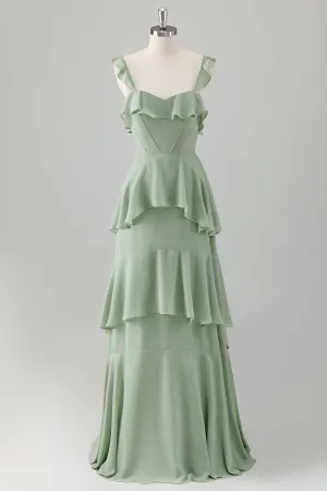 A Line Light Green Corset Tiered Ruffles Chiffon Maxi Dress