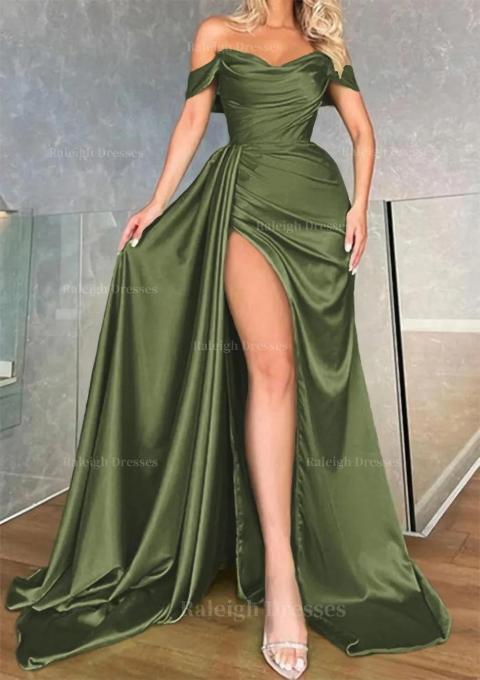 A-line Off-the-Shoulder Sleeveless Long/Floor-Length Charmeuse Prom Dress With Pleated