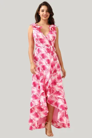 A Line V Neck Pink Flower Printed Asymmetrical Dress with Ruffles