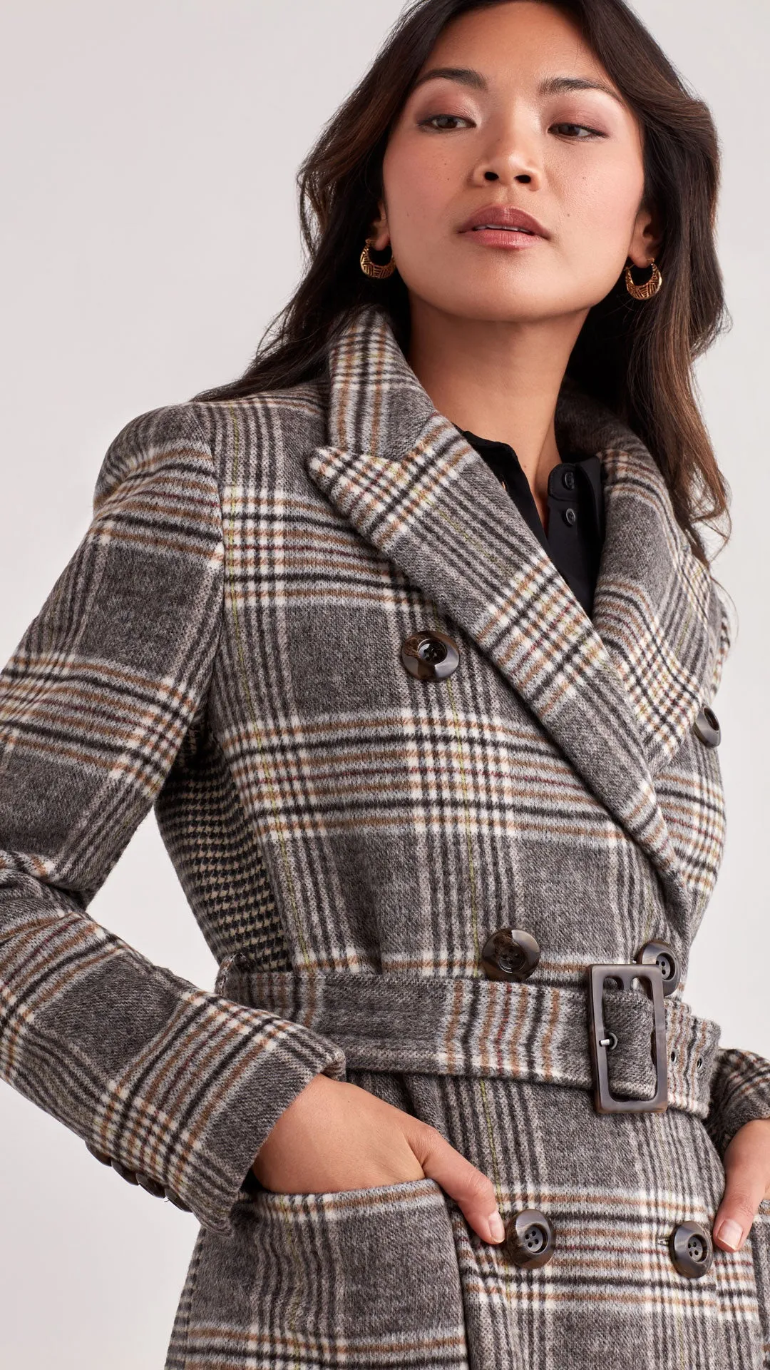 BELTED PLAID WOOL COAT