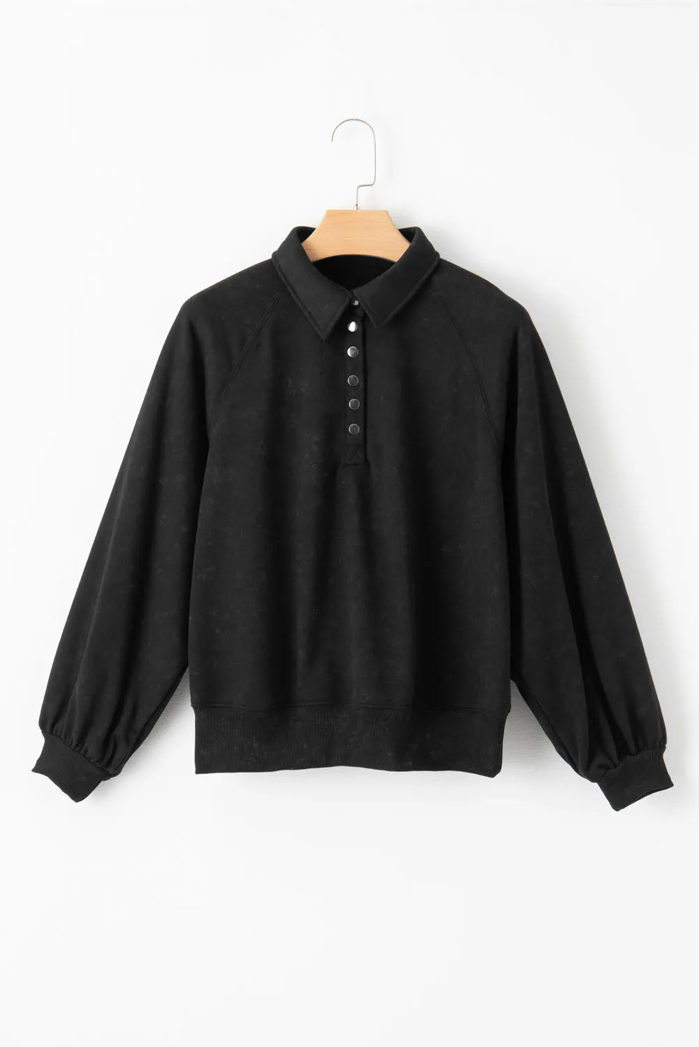 Black Washed Snap Buttons Lantern Sleeve Pullover Sweatshirt