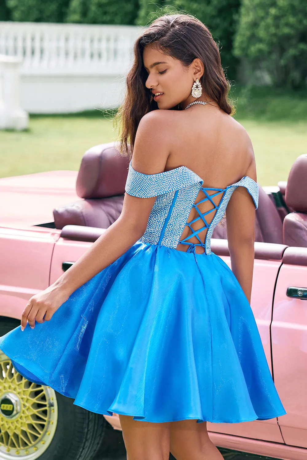 Blue A-Line Off the Shoulder Beaded Corset Pleated Mini Dress