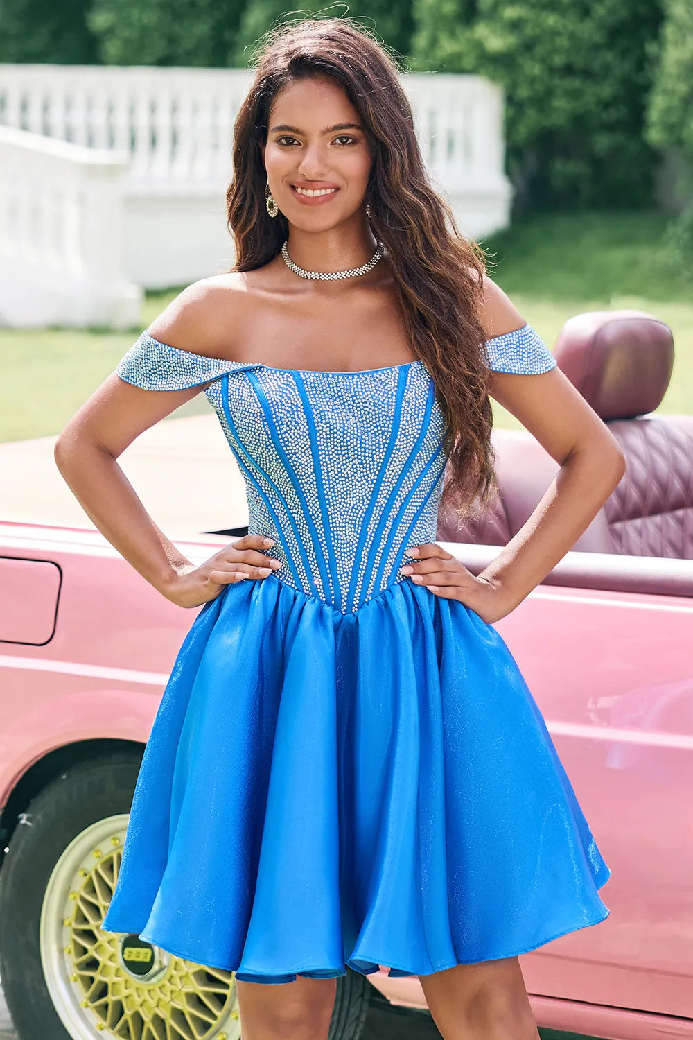 Blue A-Line Off the Shoulder Beaded Corset Pleated Mini Dress