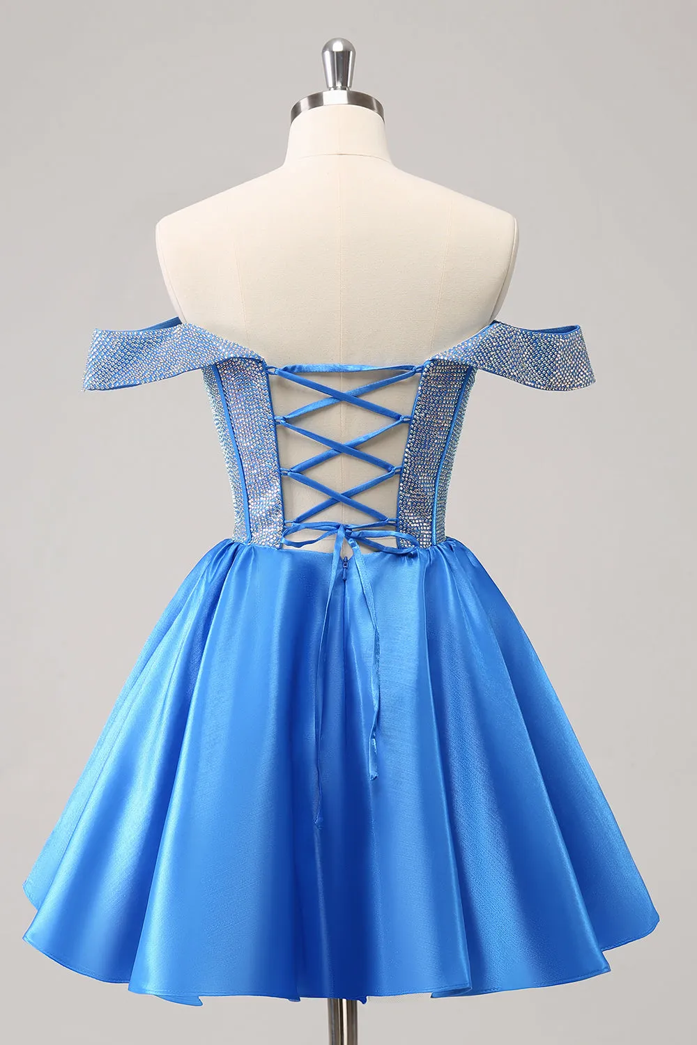 Blue A-Line Off the Shoulder Beaded Corset Pleated Mini Dress