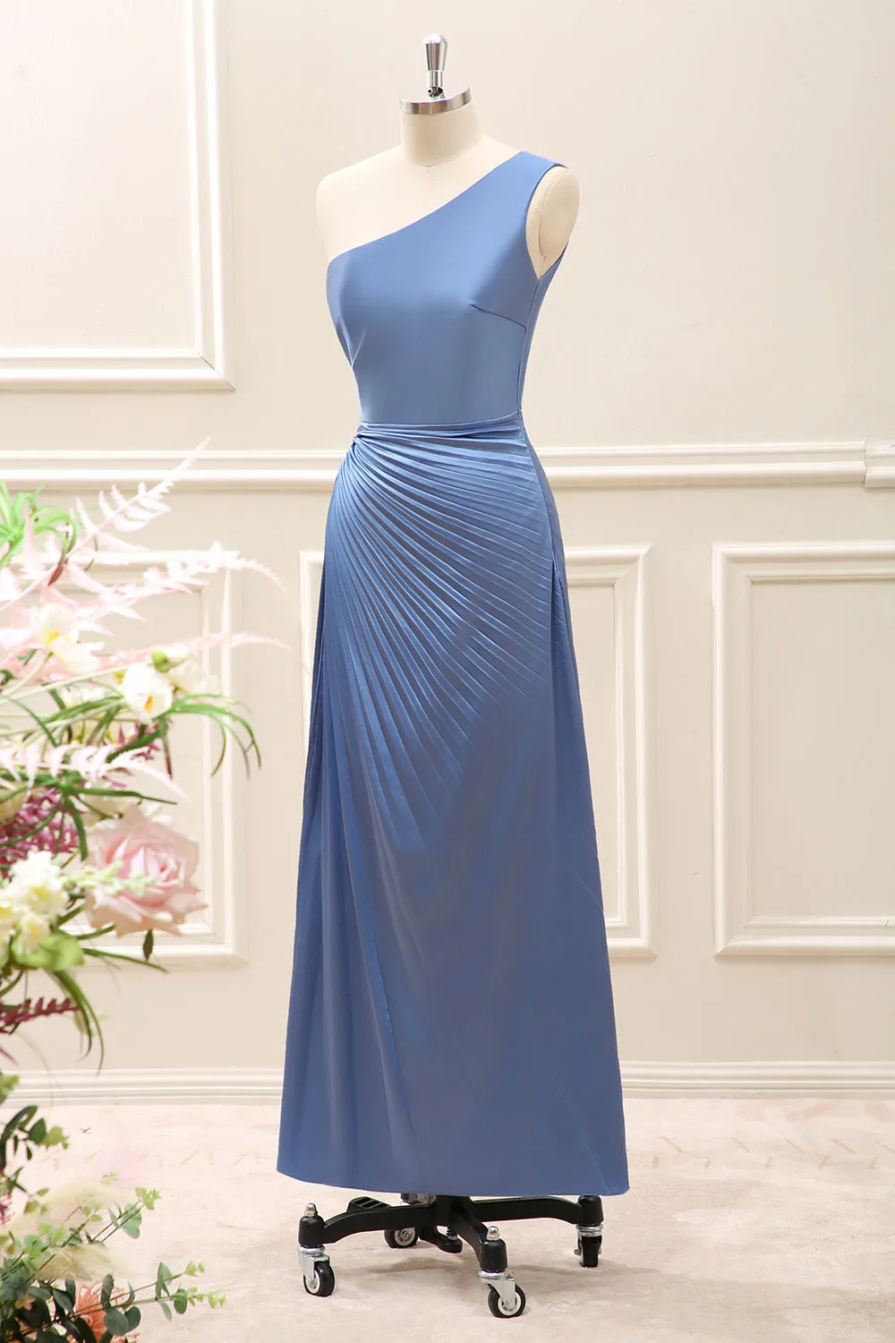 Blue One Shoulder Satin Ruched Tea Length Dress