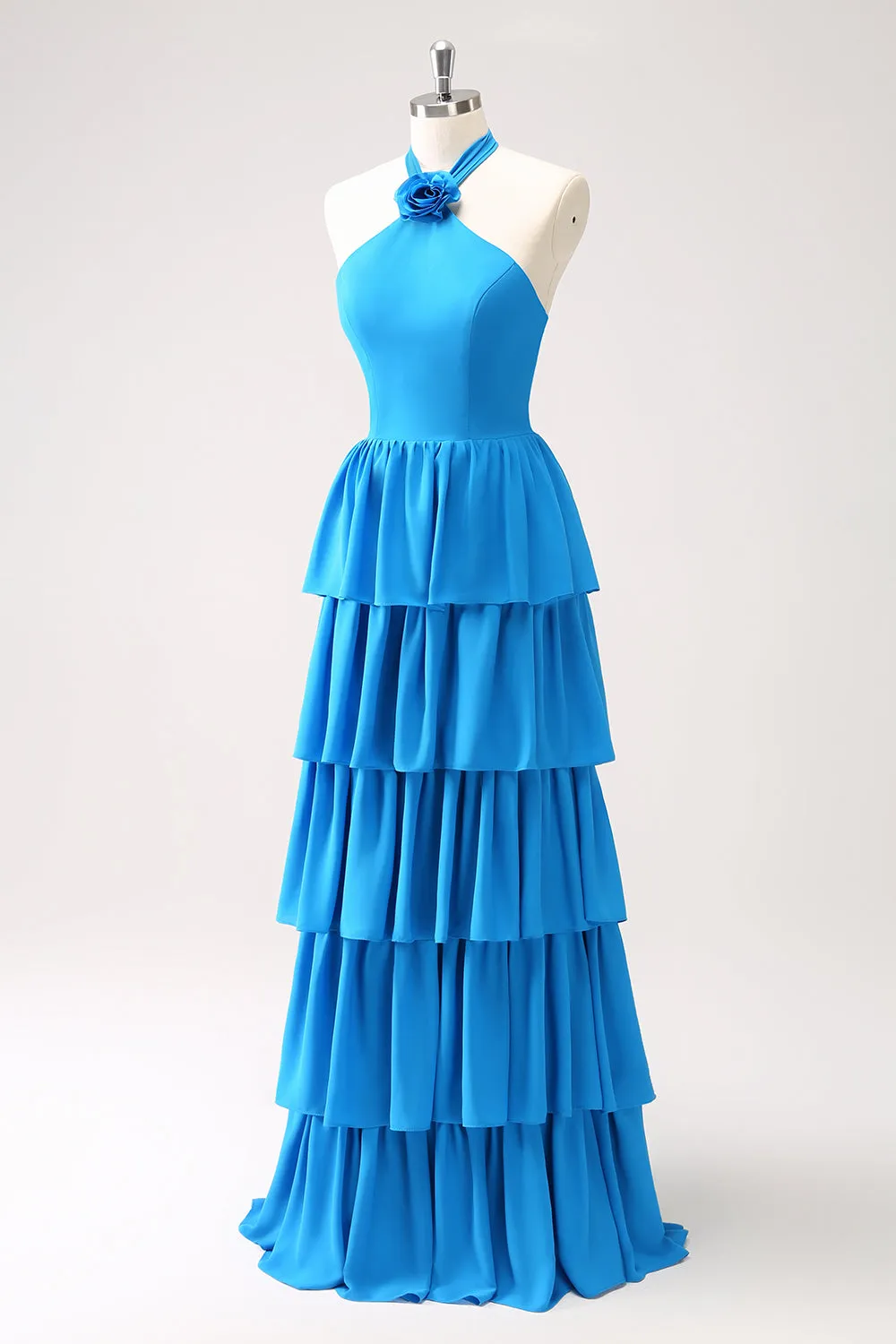 Blue Tiered Chiffon Maxi Dress with Flower