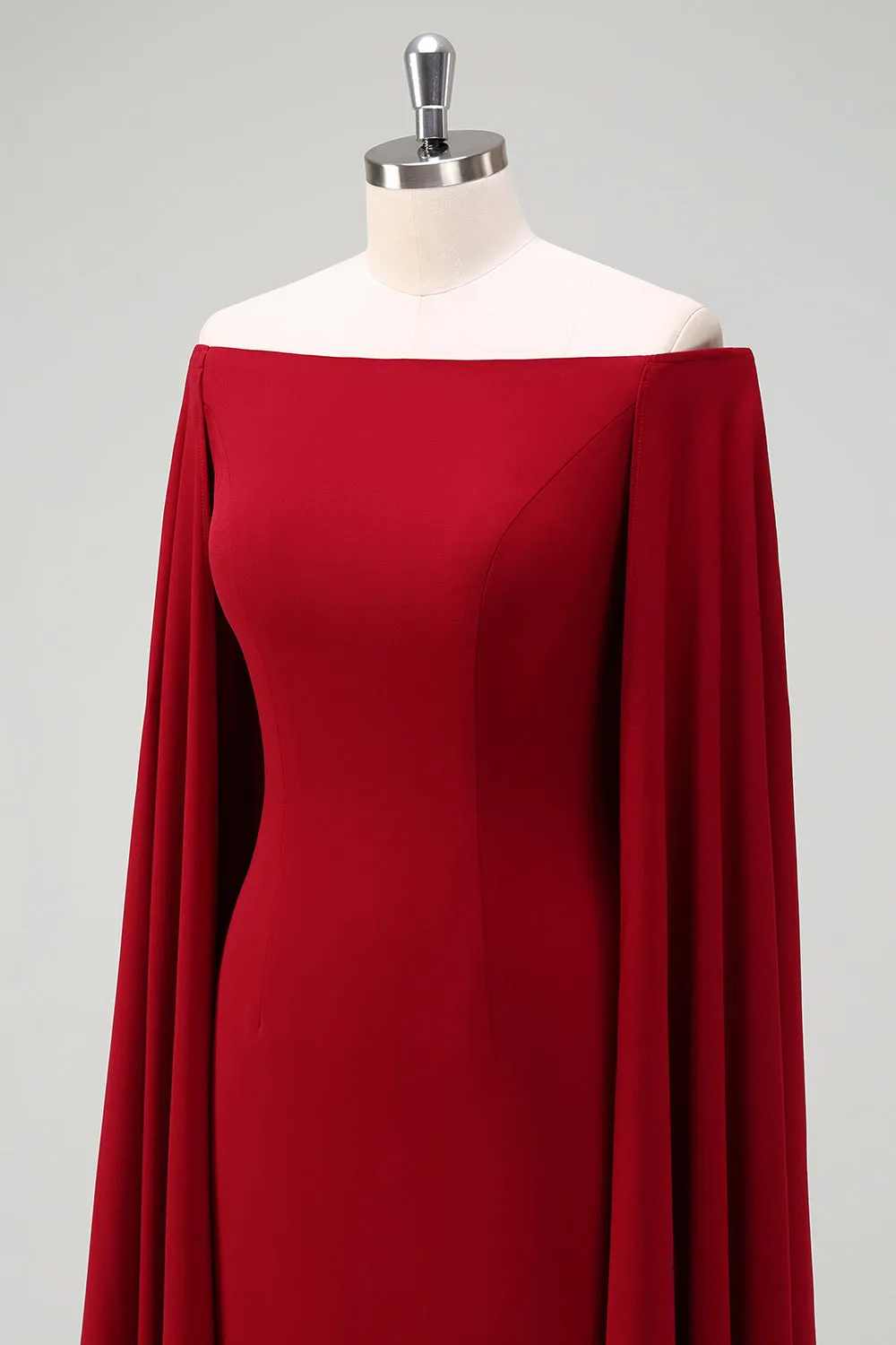 Burgundy Boat Neck Knee Length Wedding Guest Dress with Cape