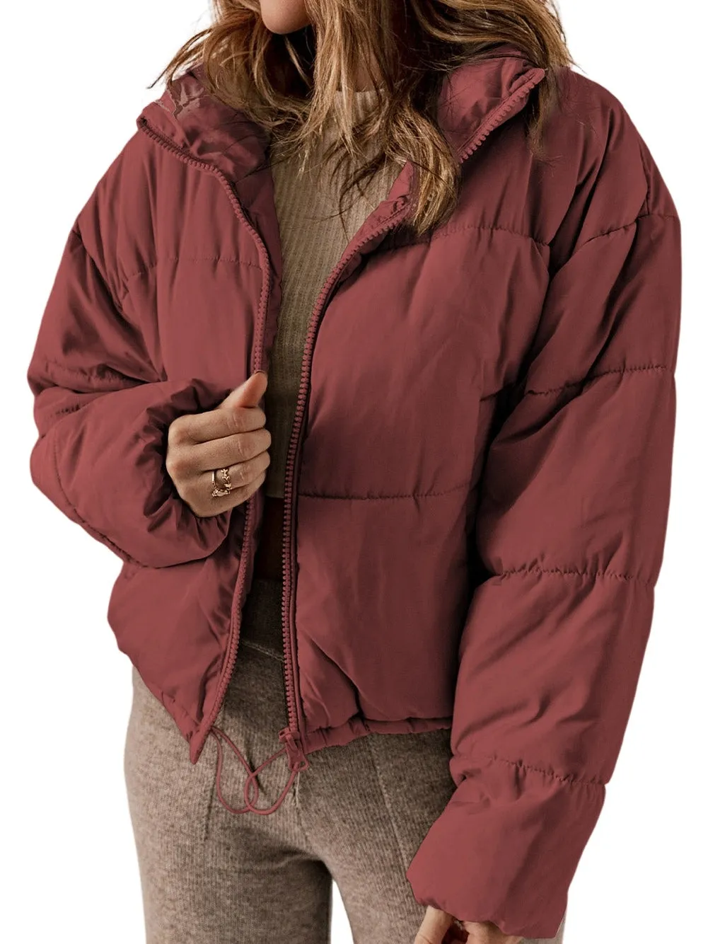 Burgundy Quilted Zipper Closure Puffer Jacket