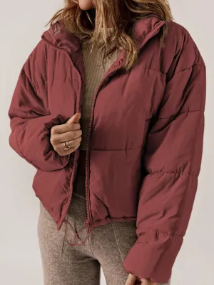 Burgundy Quilted Zipper Closure Puffer Jacket