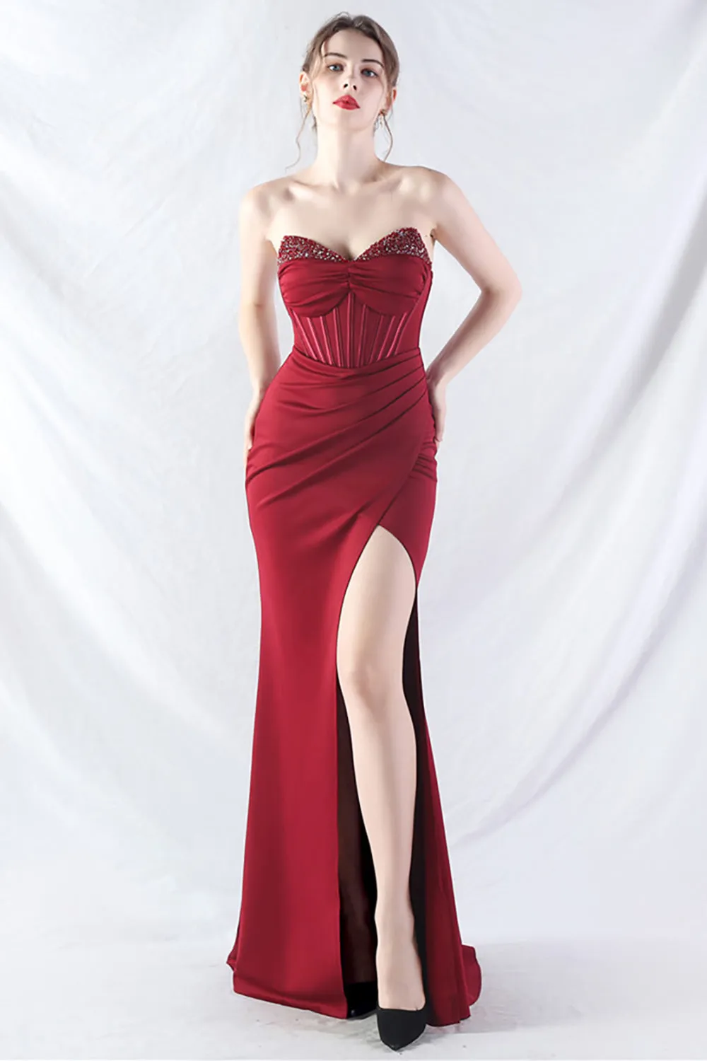 Burgundy Ruched Corset Strapless Mermaid Maxi Dress with Slit