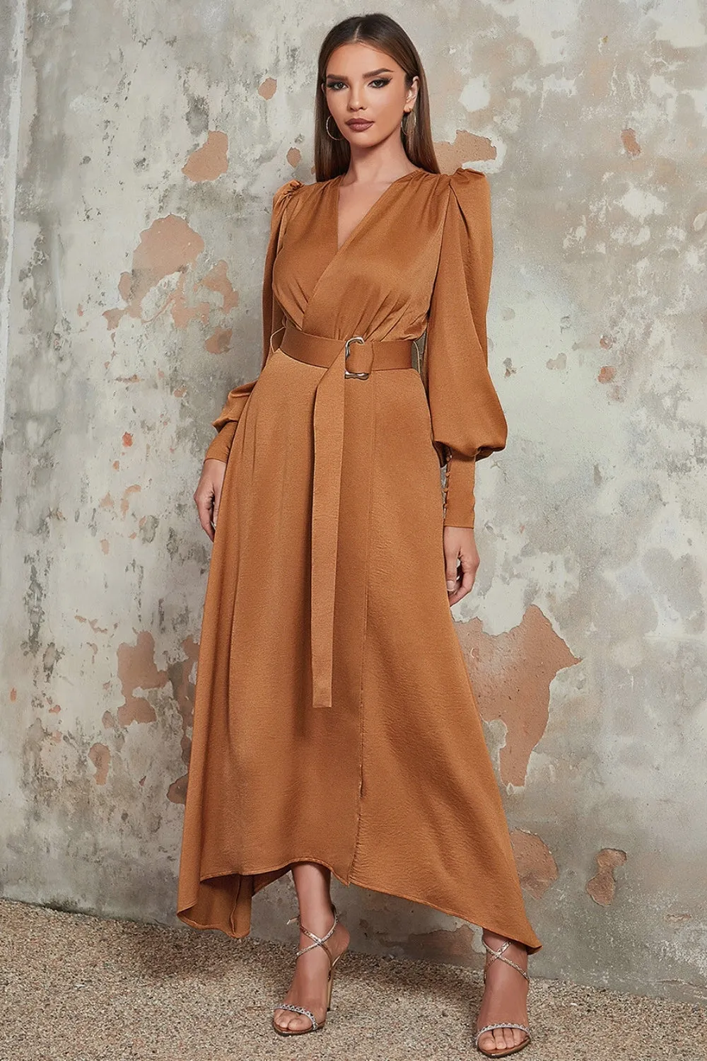 Camel A Line V Neck Long Sleeves Wedding Guest Dress with Belt