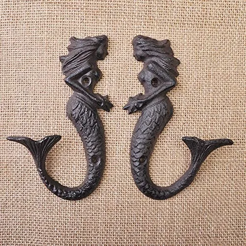 Cast Iron Mermaid Hook - Rustic - Set Of 2