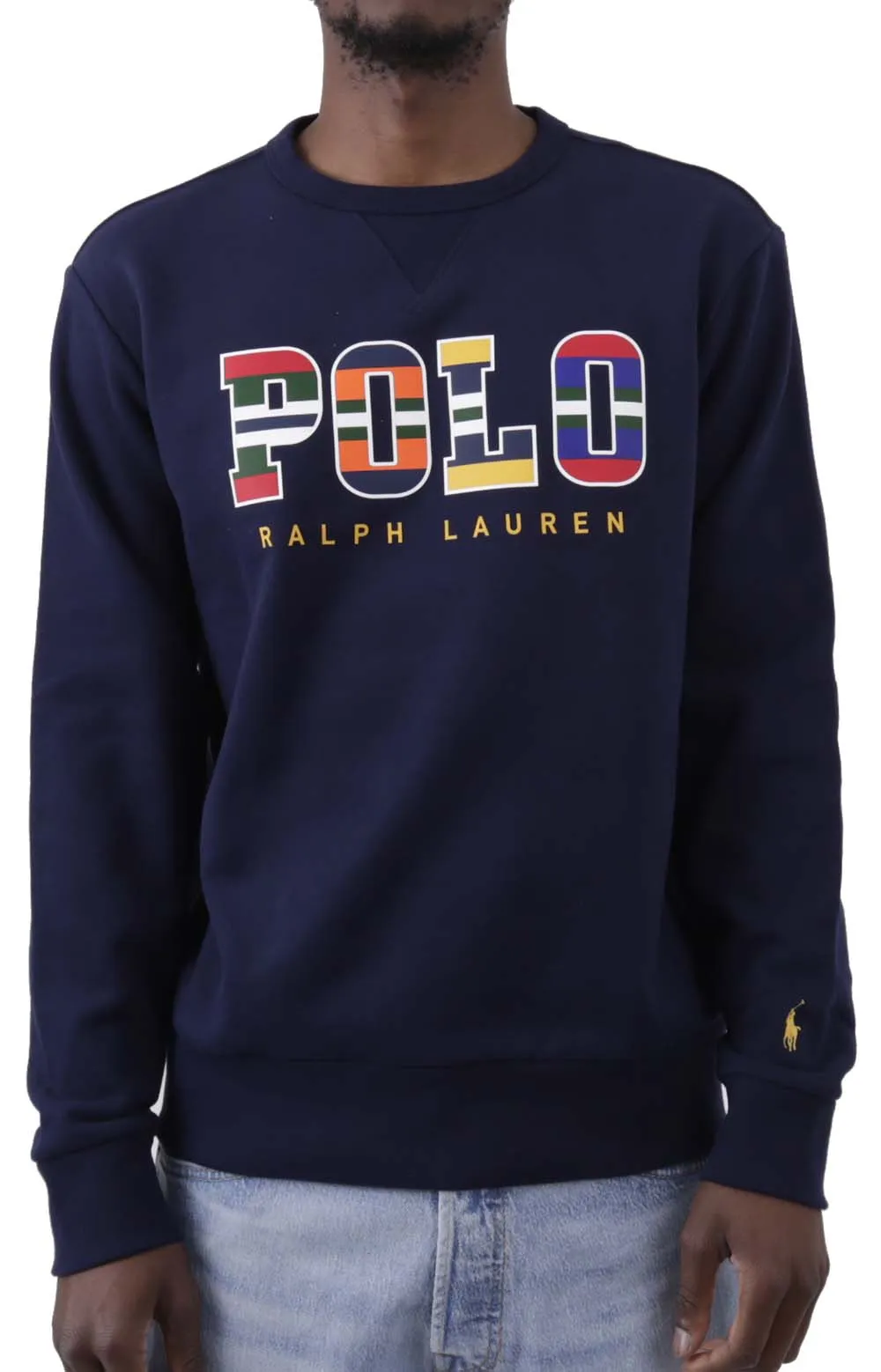 Colorful Striped Motif Logo Fleece Sweatshirt - Cruise Navy