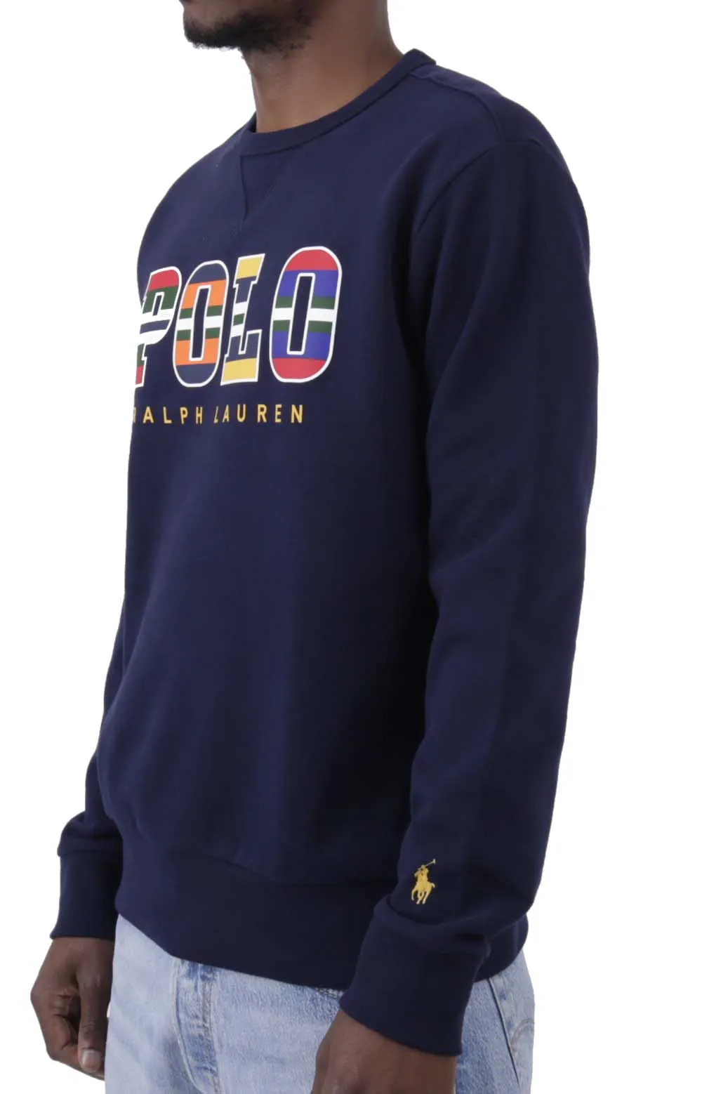 Colorful Striped Motif Logo Fleece Sweatshirt - Cruise Navy