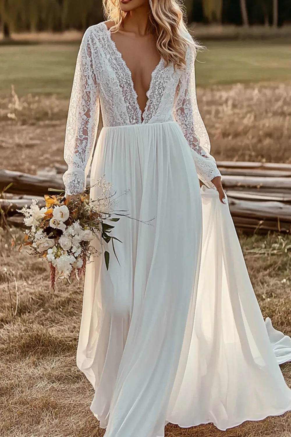 Delicate V Neck A Line Illusion Sleeve Ivory Wedding Dress