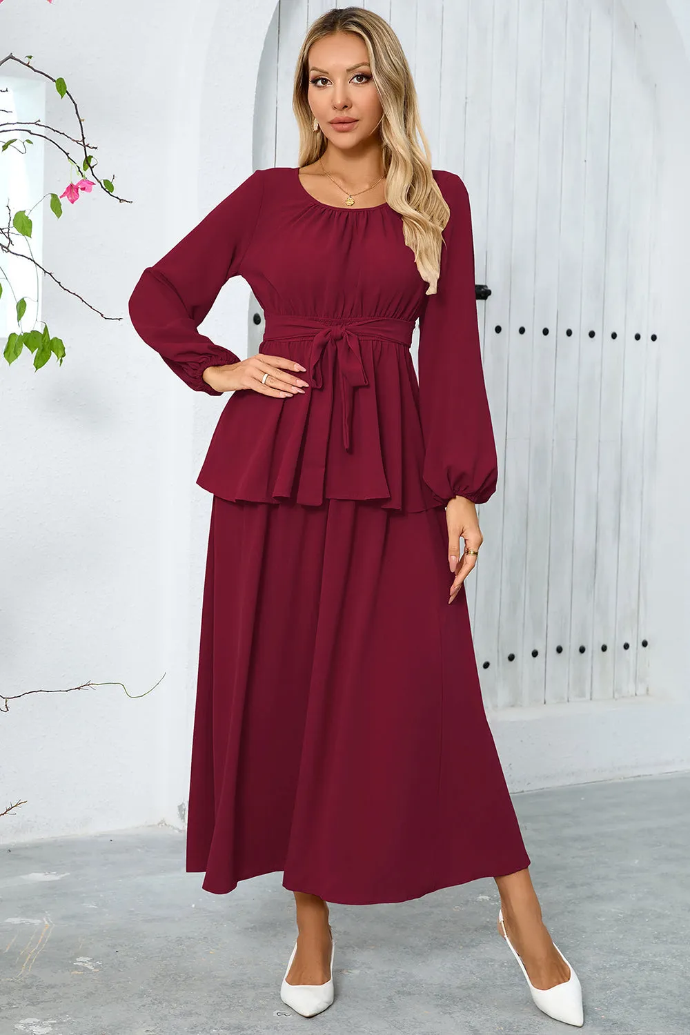 Dusty Rose A Line Tiered Chiffon Tea Length Dress with Long Sleeves