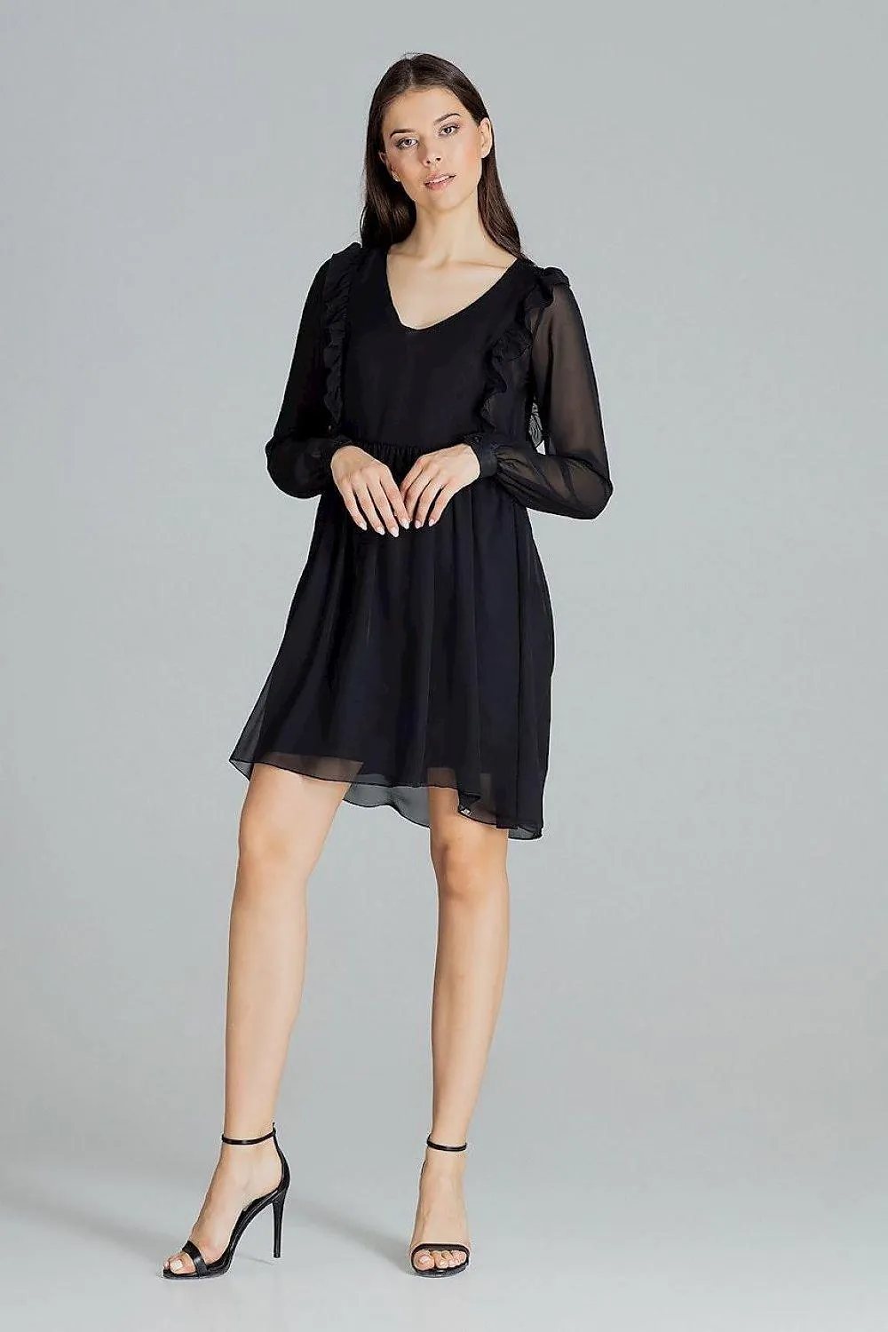 Elegant Black Chiffon Midi Dress with Feminine Ruffled Sleeves