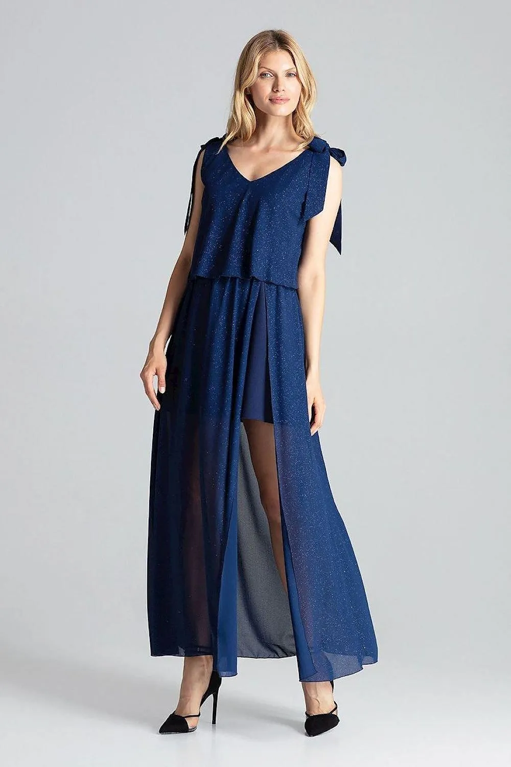 Elegant Navy Blue Sleeveless Cocktail Dress with Feminine Shoulder Ties