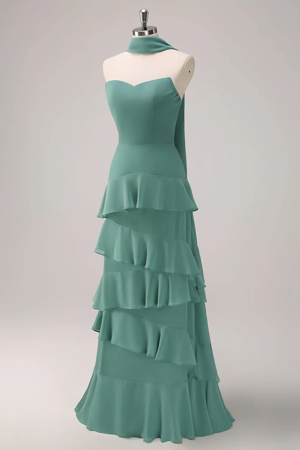 Eucalyptus Strapless Ruffled Maxi Dress with Ribbon