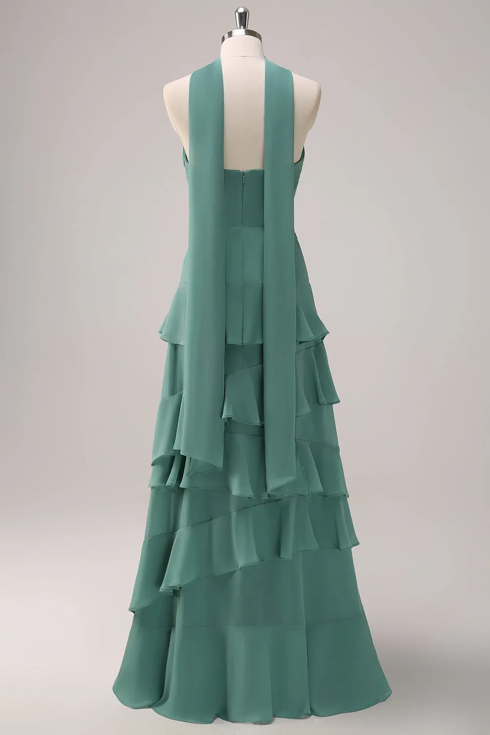 Eucalyptus Strapless Ruffled Maxi Dress with Ribbon