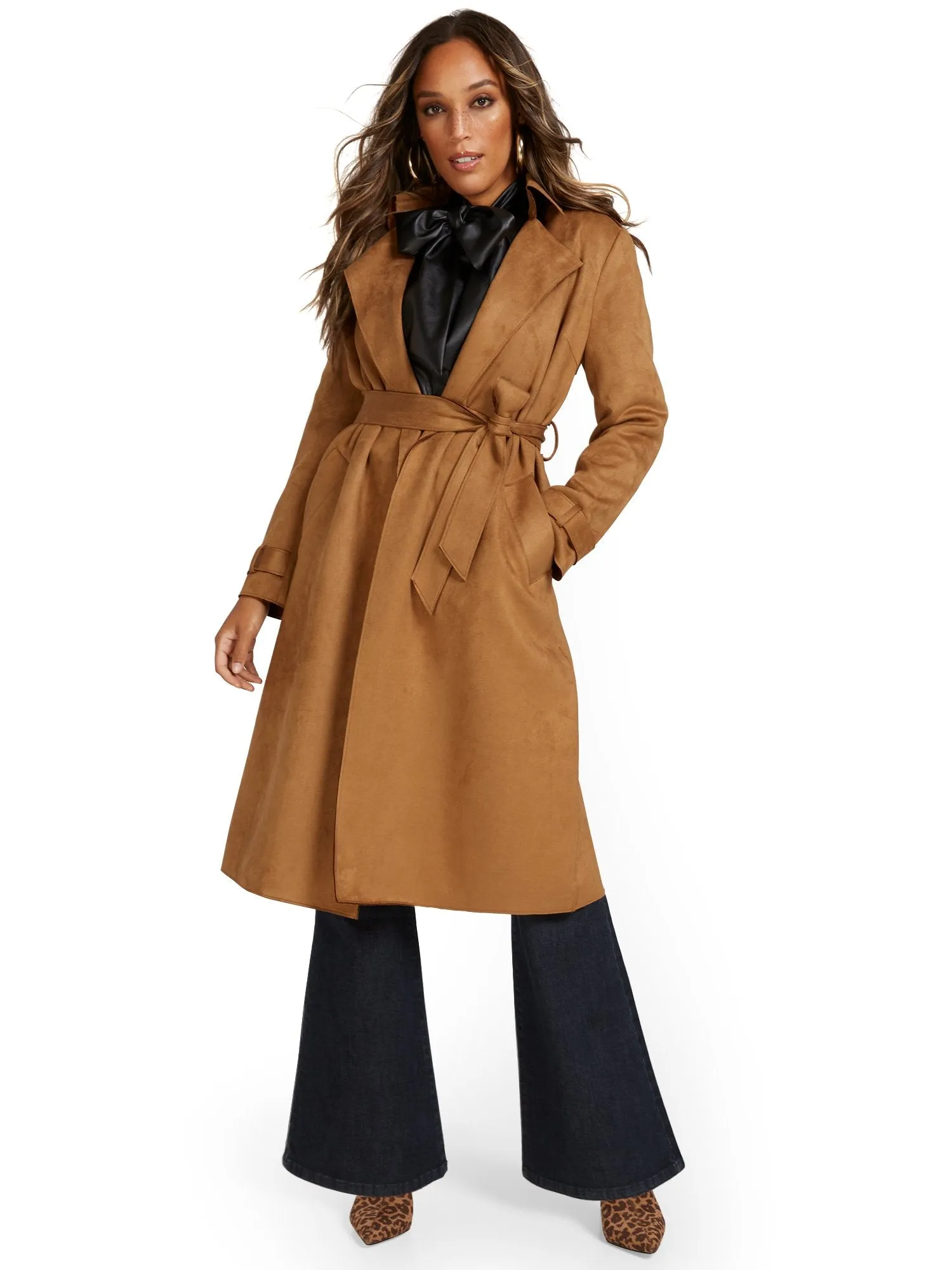 Faux-Suede Flyaway Trenchcoat