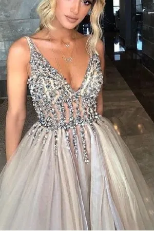 Feminine Plunge V neck See Through Tulle Grey Prom Dress