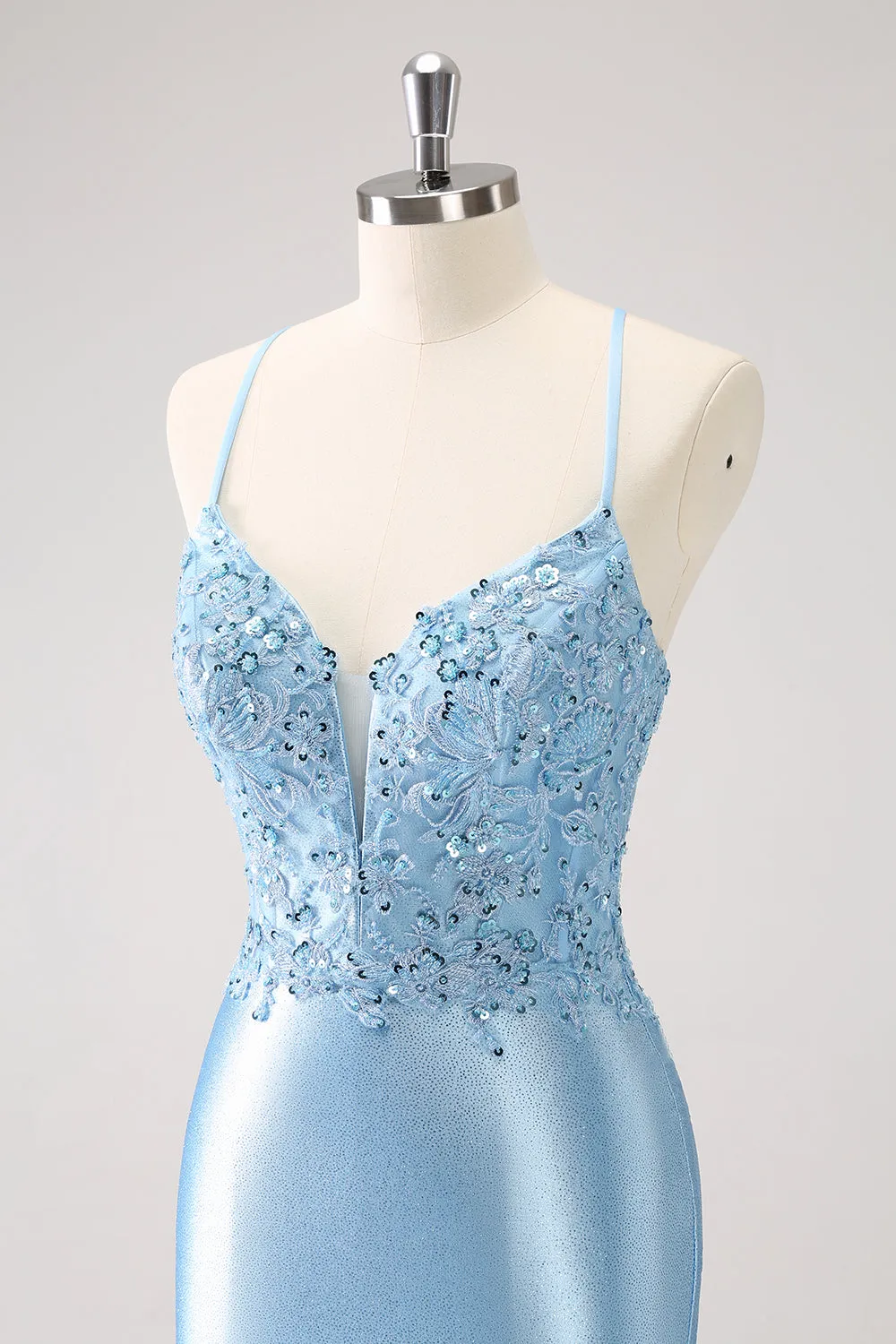 Glitter Blue Appliques Corset Satin Tight Mini Dress with Lace up Back