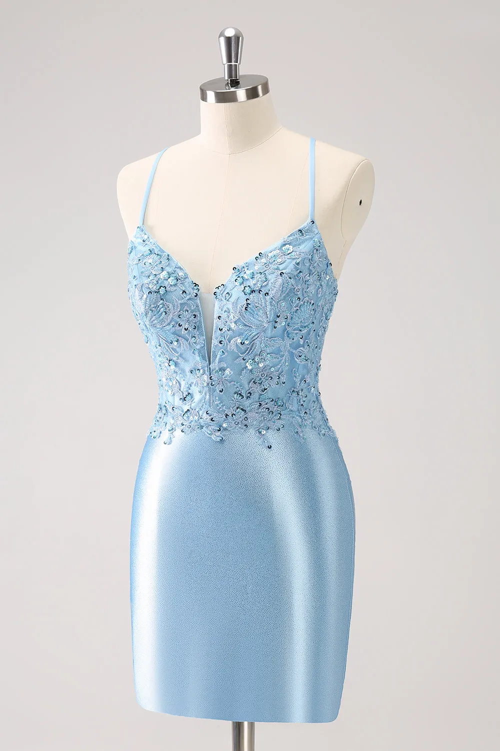 Glitter Blue Appliques Corset Satin Tight Mini Dress with Lace up Back