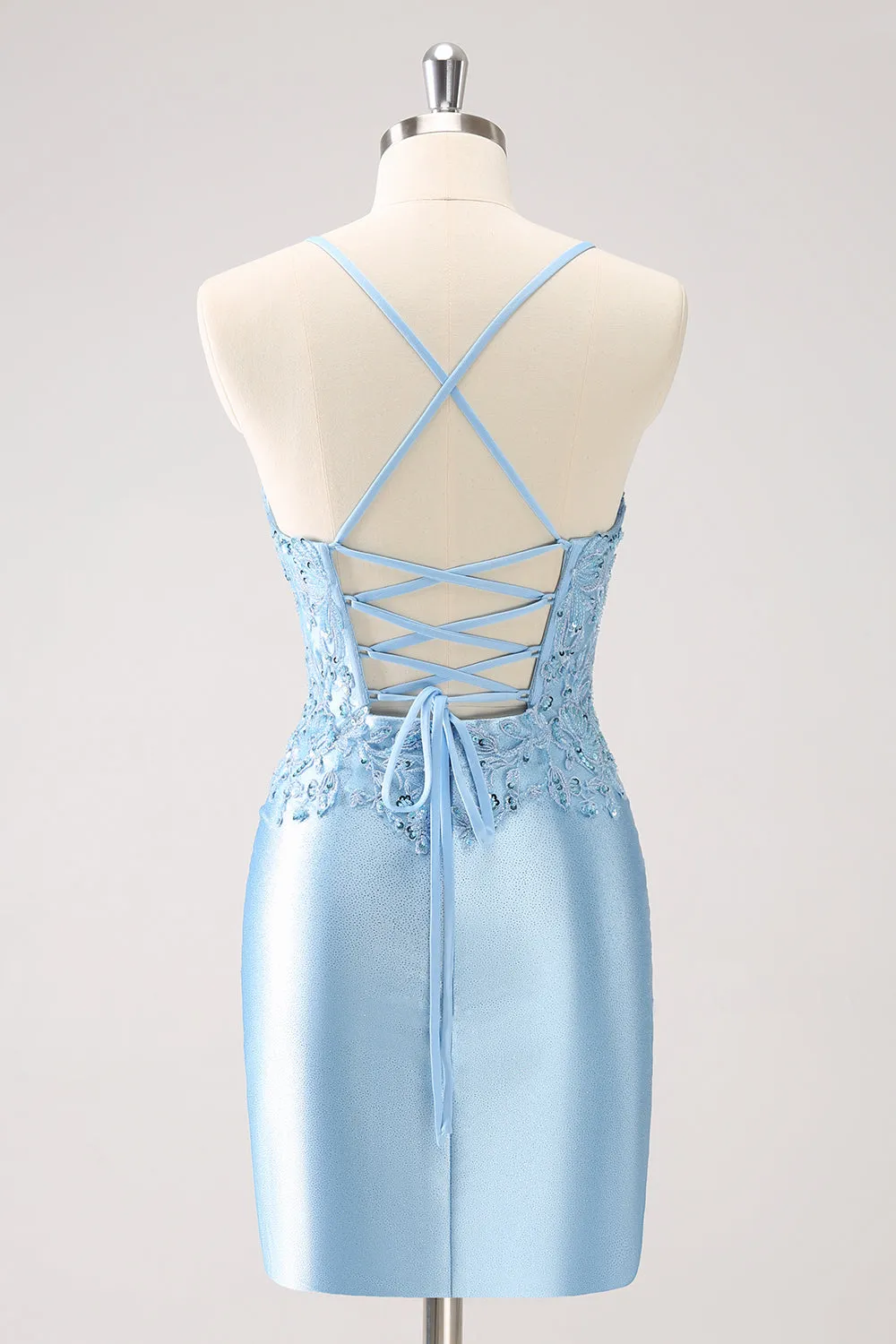 Glitter Blue Appliques Corset Satin Tight Mini Dress with Lace up Back