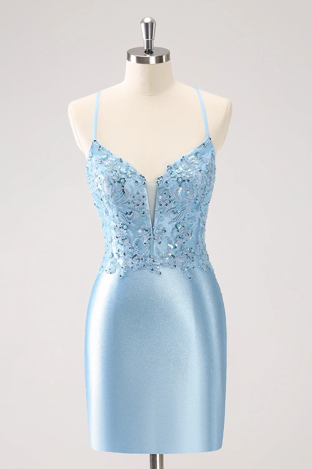 Glitter Blue Appliques Corset Satin Tight Mini Dress with Lace up Back