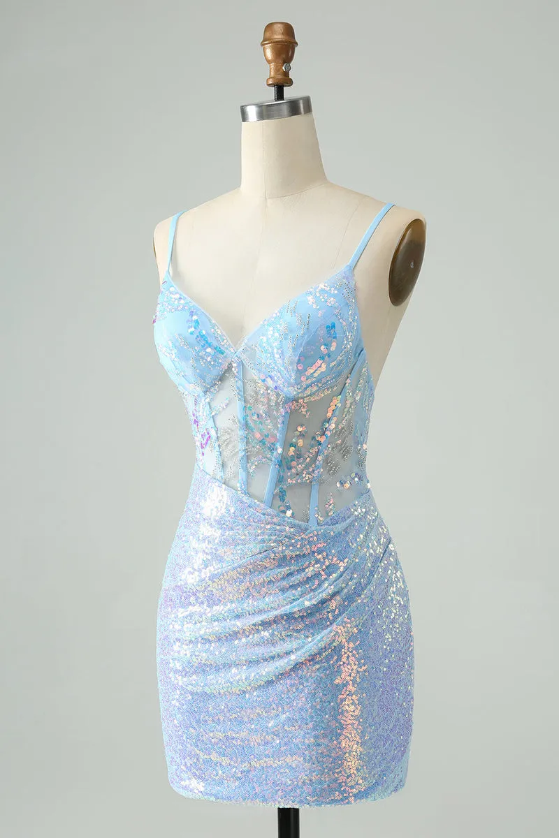 Glitter Lilac Sequins Pleated Corset Backless Bodycon Mini Dress