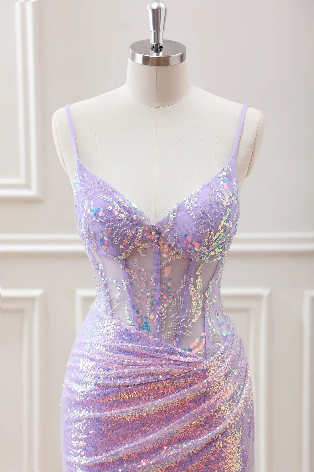 Glitter Lilac Sequins Pleated Corset Backless Bodycon Mini Dress