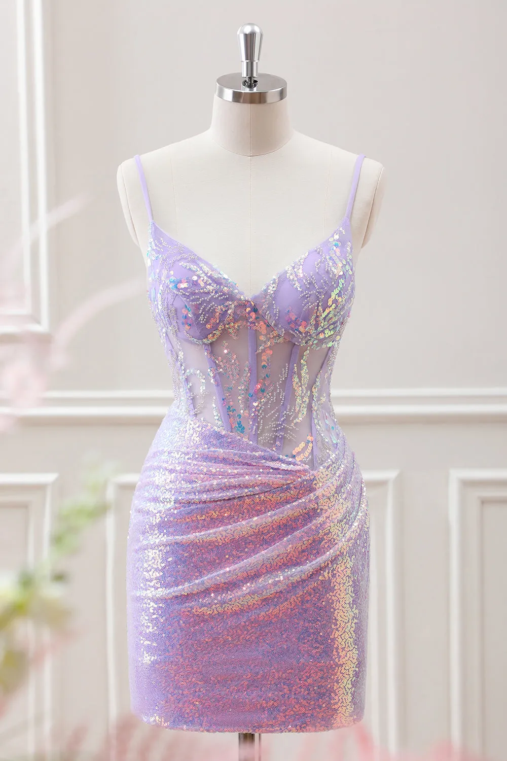 Glitter Lilac Sequins Pleated Corset Backless Bodycon Mini Dress