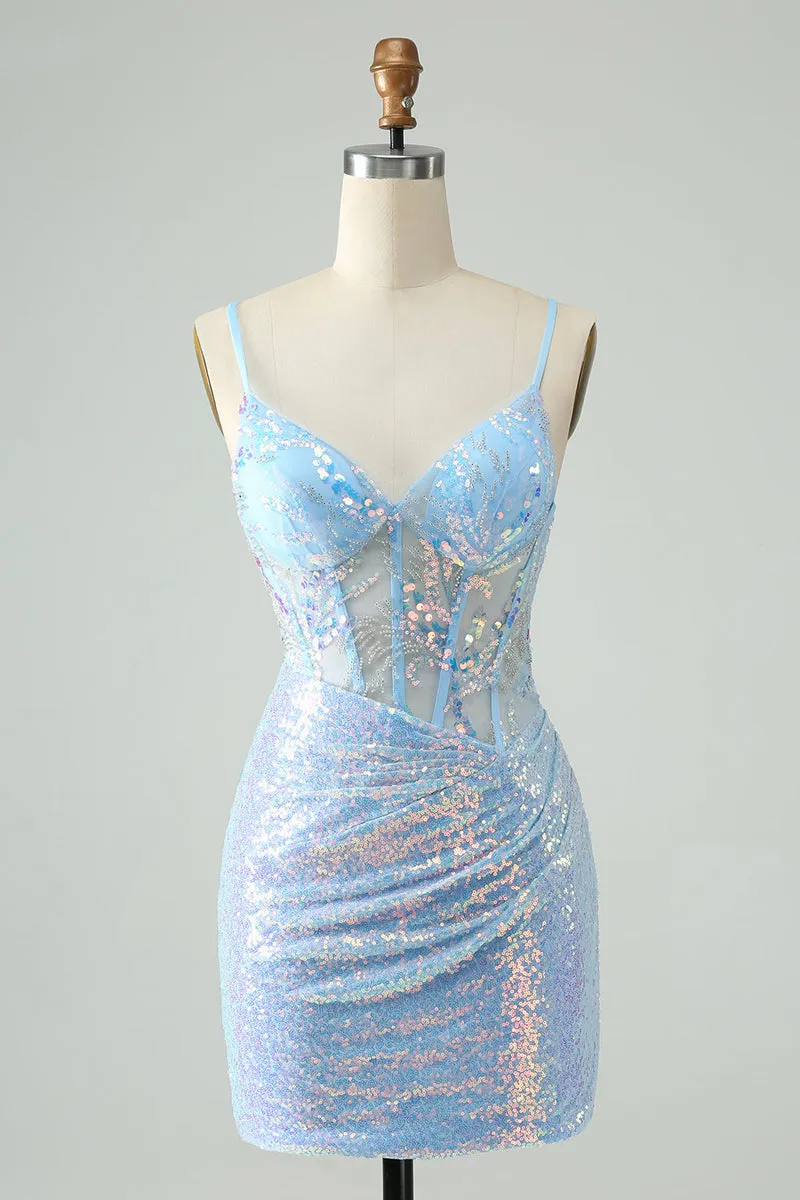 Glitter Lilac Sequins Pleated Corset Backless Bodycon Mini Dress