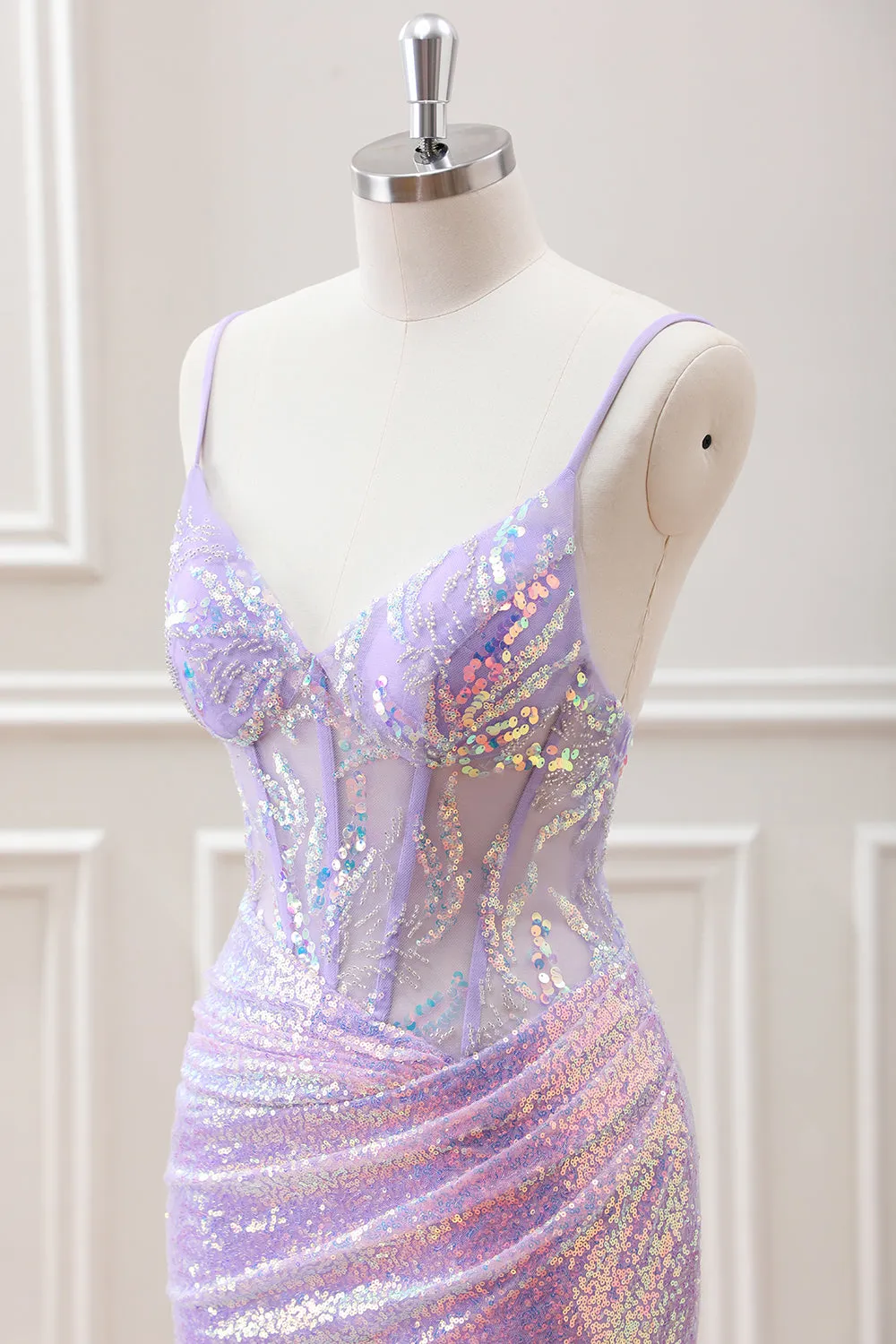 Glitter Lilac Sequins Pleated Corset Backless Bodycon Mini Dress