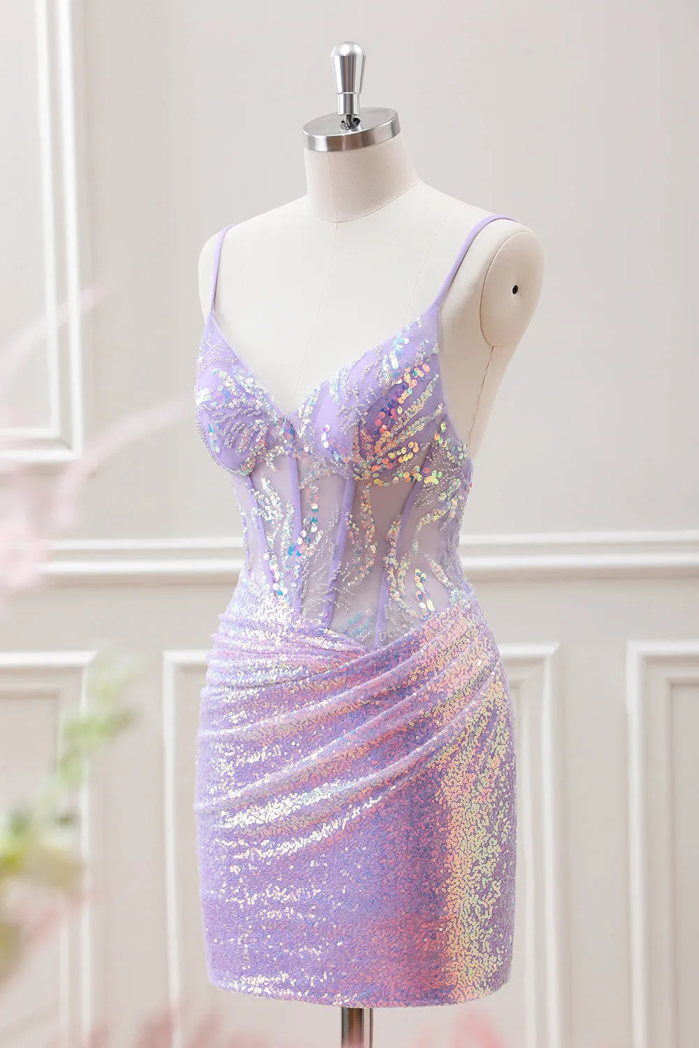 Glitter Lilac Sequins Pleated Corset Backless Bodycon Mini Dress