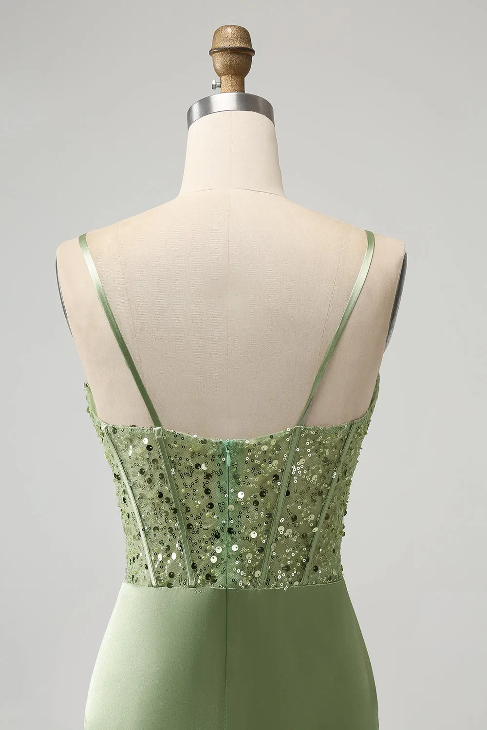 Glitter Sage Green Bodycon Sequin Corset Mini Dress with Slit