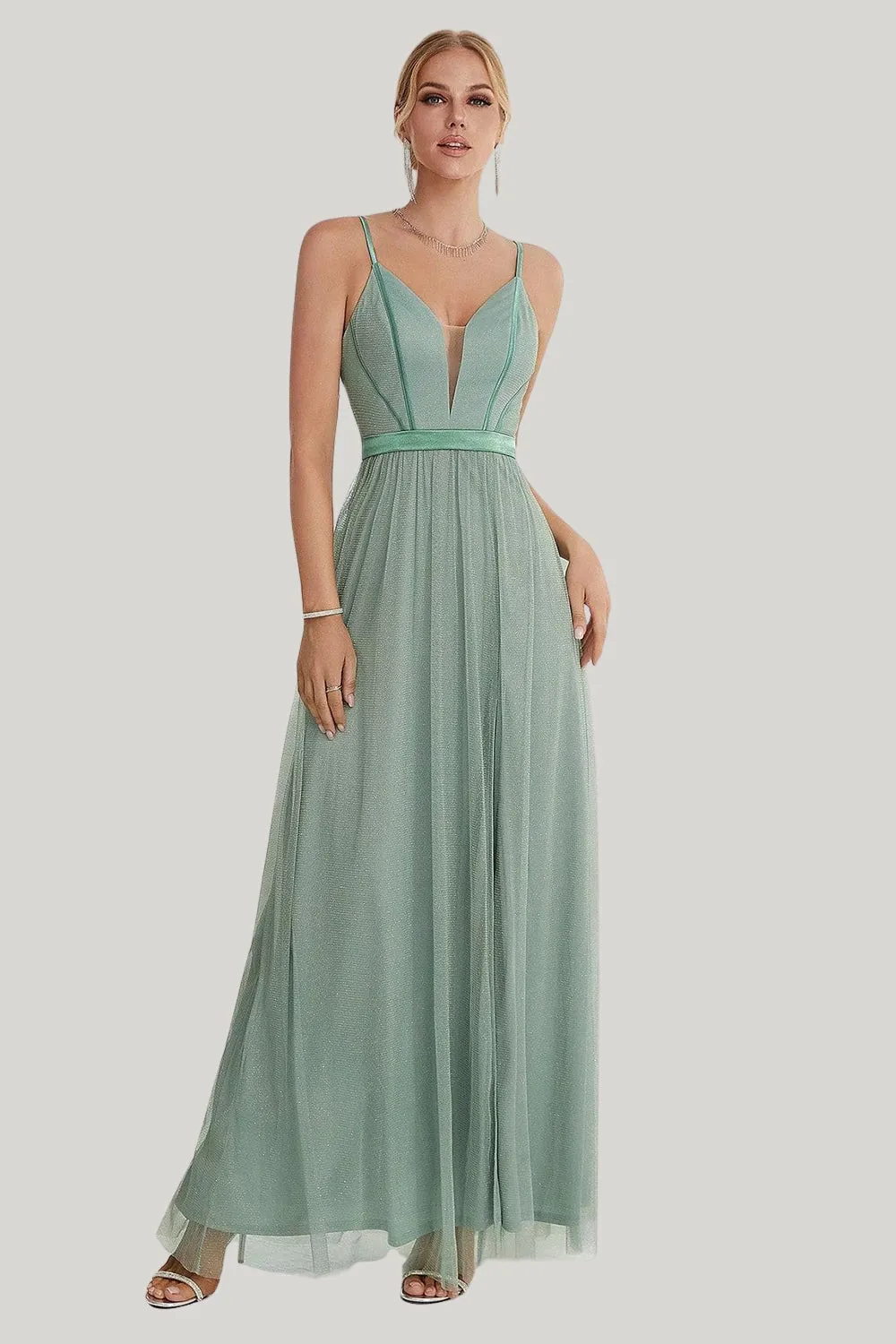 Grey Green A Line Spaghetti Straps Tea Length Dress with Slit