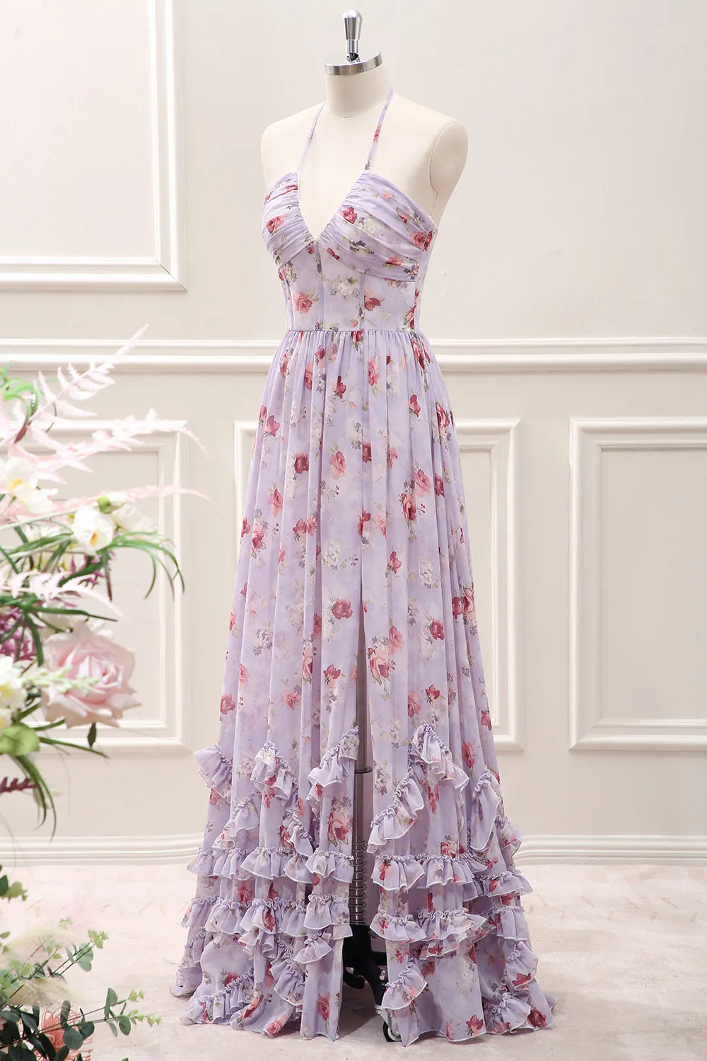 Grey Purple Ruffled A Line Halter Floral Corset Maxi Dress